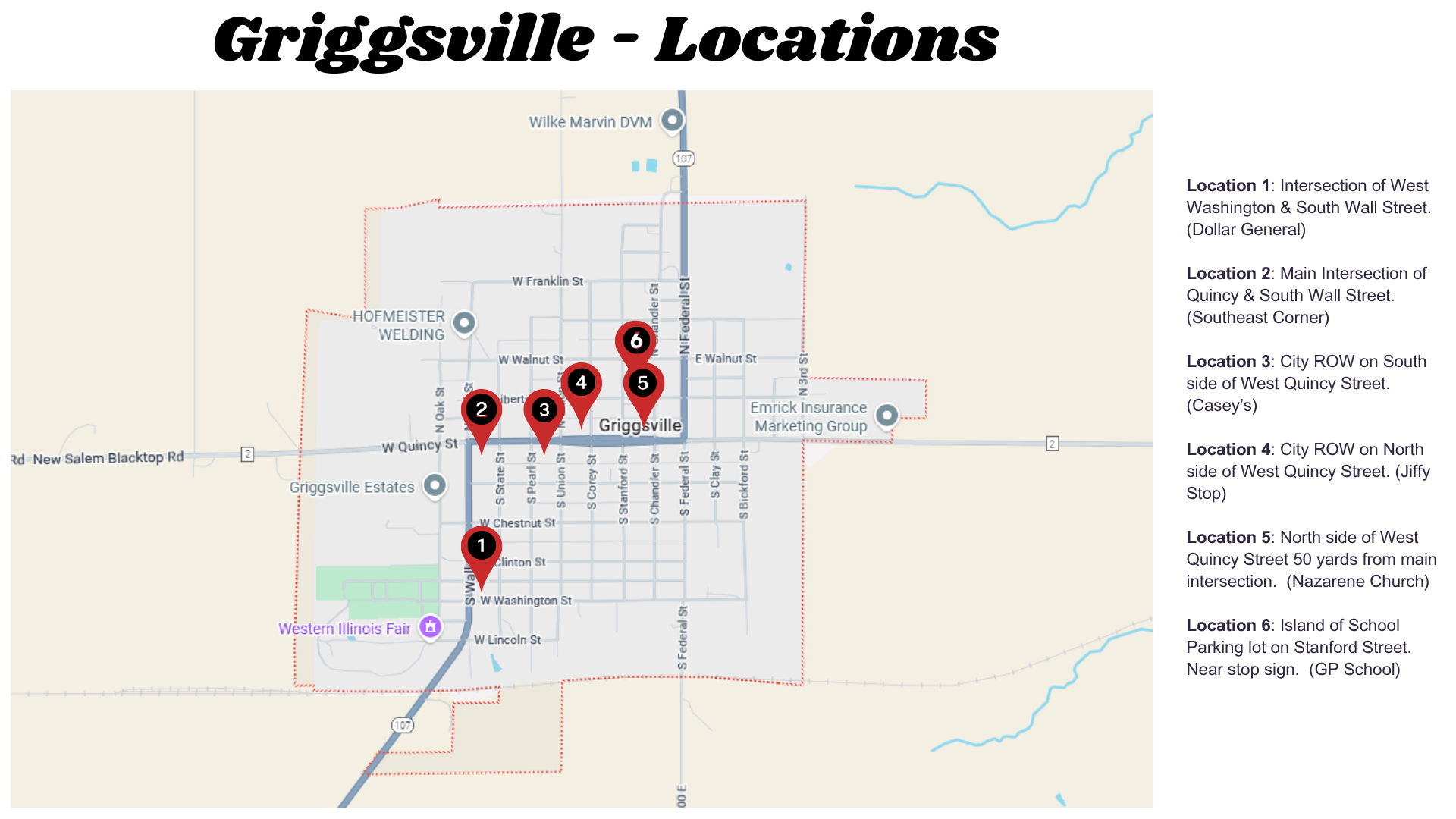 Map of verified Benchboard placement locations across Griggsville, Illinois, with numbered markers and a legend of intersections