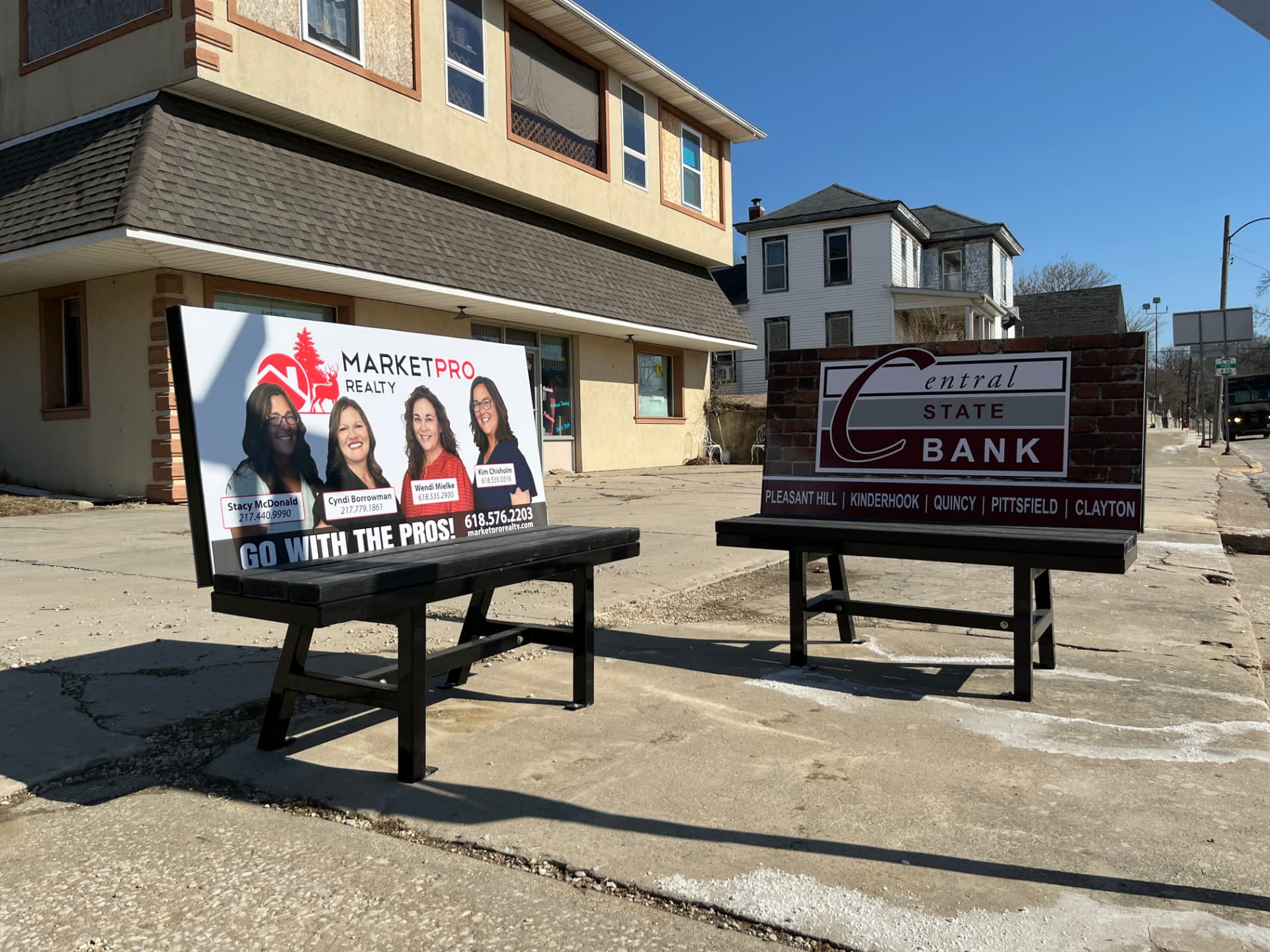 MarketPro Realty and Central State Bank Benchboards installed together