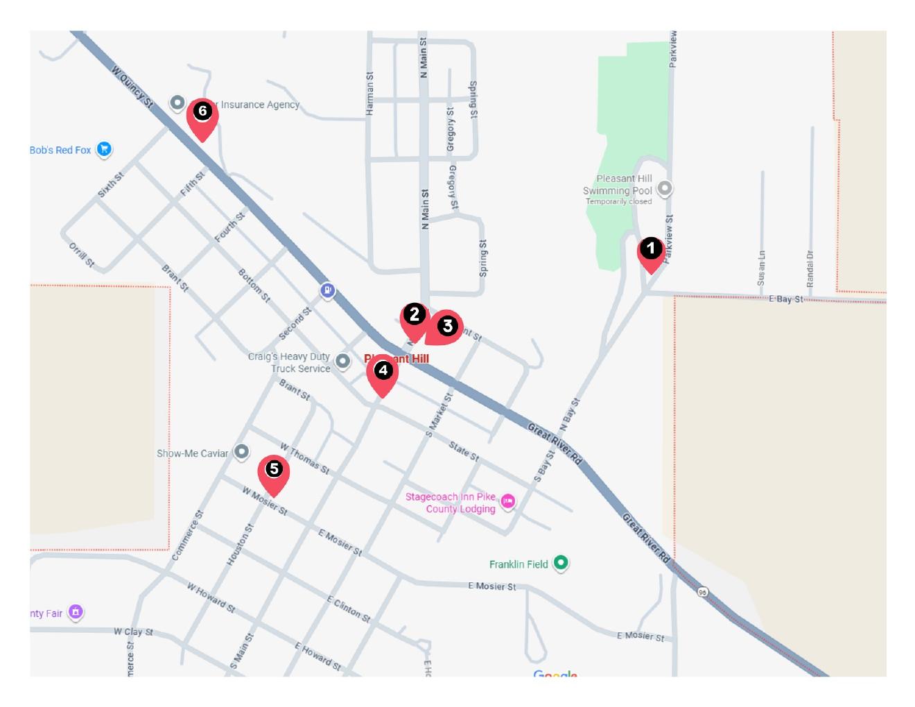 Map of verified Benchboard placement locations across Pleasant Hill, Illinois, with numbered markers
