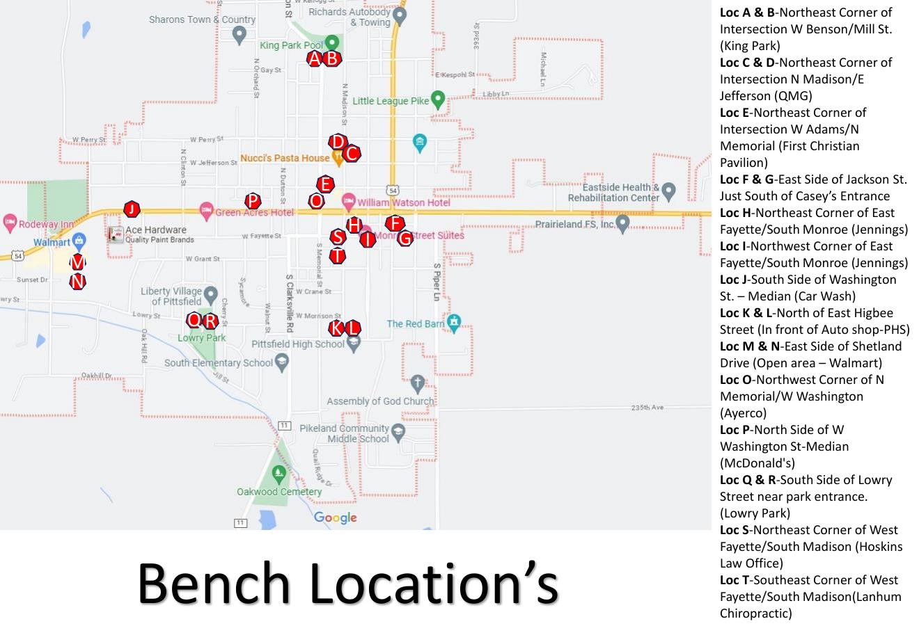 Map of verified Benchboard placement locations across Pittsfield, Illinois, with lettered markers and a legend of intersections
