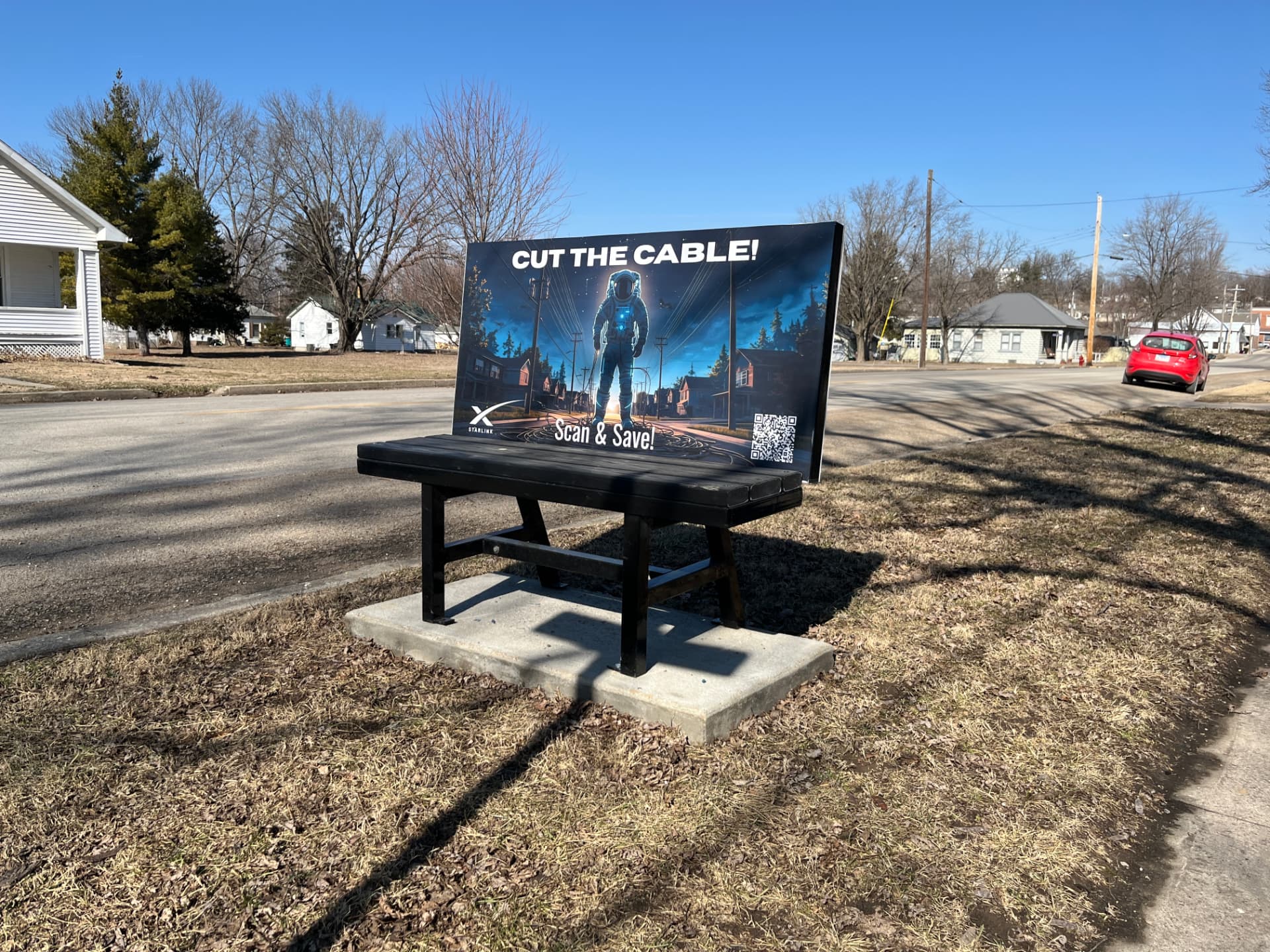Cut the Cable and Starlink creative installed on a neighborhood Benchboard